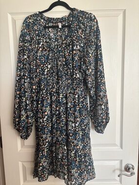 Smocked Floral Mini Dress in Dark Blue